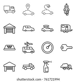 Thin line icon set : truck, car pointer, electric, spark plug, garage, shipping, baggage, trailer, taxi, transfer, barometer, key, pickup, sprayer, trash