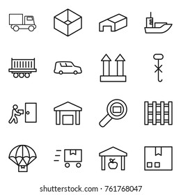 Thin line icon set : truck, box, warehouse, sea shipping, car, cargo top sign, do not hook, courier delivery, search, pallet, parachute, fast deliver, package