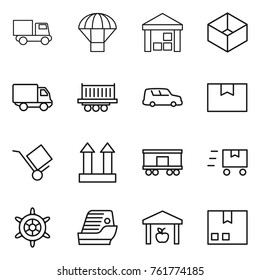 Thin line icon set : truck, parachute, warehouse, box, delivery, shipping, car, package, trolley, cargo top sign, railroad, fast deliver, handwheel, cruise ship