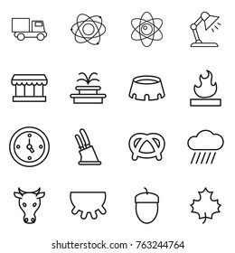 Thin line icon set : truck, atom, table lamp, market, fountain, stadium, flammable, watch, knife holder, pretzel, rain cloud, cow, udder, acorn, maple leaf