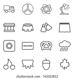 Thin line icon set : truck, diagram, atom, table lamp, market, stadium, flippers, curtain, ring button, welcome mat, pretzel, rain cloud, cherry, udder, acorn, maple leaf
