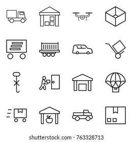 Thin line icon set : truck, warehouse, drone, box, delivery, shipping, car, trolley, do not hook sign, courier, parachute, fast deliver, pickup, package