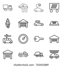 Thin line icon set : truck, factory filter, electric car, delivery, spark plug, garage, baggage, taxi, transfer, barometer, key, pickup, trash, wash