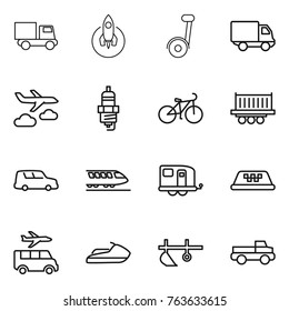 Thin line icon set : truck, rocket, segway, delivery, journey, spark plug, bike, shipping, car, train, trailer, taxi, transfer, jet ski, plow, pickup