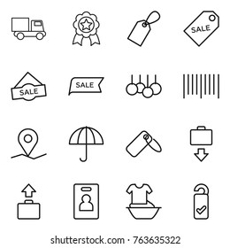 Thin line icon set : truck, medal, label, sale, bar code, geo pin, dry cargo, baggage get, identity card, handle washing, please clean