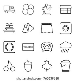Thin line icon set : truck, atom core, table lamp, market, fountain, flippers, curtain, ring button, welcome mat, pretzel, rain cloud, cherry, acorn, maple leaf, foam bucket
