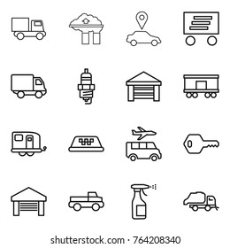 Thin line icon set : truck, factory filter, car pointer, delivery, spark plug, garage, railroad shipping, trailer, taxi, transfer, key, pickup, sprayer, trash