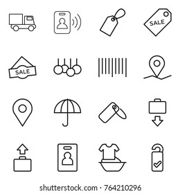 Thin line icon set : truck, pass card, label, sale, bar code, geo pin, dry cargo, baggage get, identity, handle washing, please clean