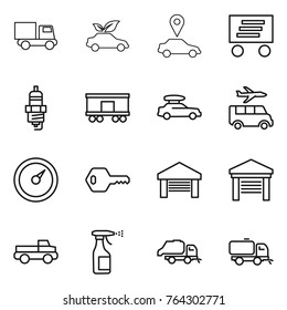 Thin line icon set : truck, eco car, pointer, delivery, spark plug, railroad shipping, baggage, transfer, barometer, key, garage, pickup, sprayer, trash, sweeper