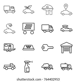 Thin line icon set : truck, eco car, factory filter, pointer, electric, delivery, baggage, trailer, taxi, key, garage, pickup, sprayer, trash, sweeper