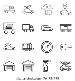 Thin line icon set : truck, eco car, factory filter, pointer, delivery, shipping, railroad, baggage, trailer, barometer, key, garage, sprayer, wash