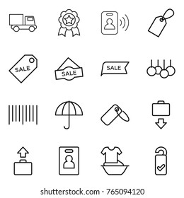 Thin line icon set : truck, medal, pass card, label, sale, bar code, dry cargo, baggage get, identity, handle washing, please clean