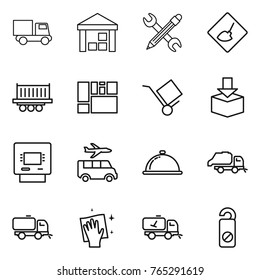 Thin line icon set : truck, warehouse, pencil wrench, under construction, shipping, consolidated cargo, trolley, package, atm, transfer, meal cap, trash, sweeper, wiping, home call cleaning