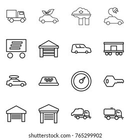Thin line icon set : truck, eco car, factory filter, electric, delivery, garage, shipping, railroad, baggage, taxi, barometer, key, trash, sweeper