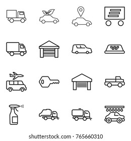 Thin Line Icon Set : Truck, Eco Car, Pointer, Delivery, Garage, Shipping, Taxi, Transfer, Key, Pickup, Sprayer, Trash, Sweeper, Wash