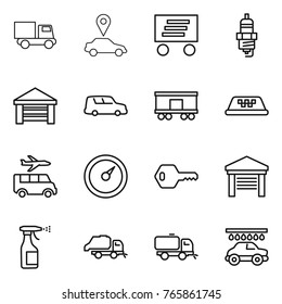 Thin line icon set : truck, car pointer, delivery, spark plug, garage, shipping, railroad, taxi, transfer, barometer, key, sprayer, trash, sweeper, wash