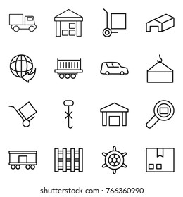 Thin line icon set : truck, warehouse, cargo stoller, delivery, shipping, car, loading crane, trolley, do not hook sign, search, railroad, pallet, handwheel, package