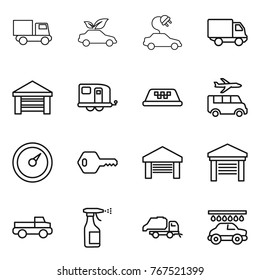 Thin line icon set : truck, eco car, electric, delivery, garage, trailer, taxi, transfer, barometer, key, pickup, sprayer, trash, wash