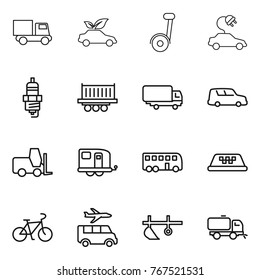 Thin line icon set : truck, eco car, electric, spark plug, shipping, fork loader, trailer, bus, taxi, bike, transfer, plow, sweeper