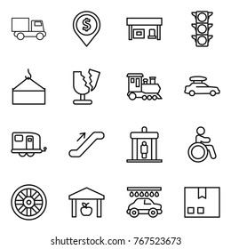 Thin line icon set : truck, dollar pin, gas station, traffic light, loading crane, broken, train, car baggage, trailer, escalator, detector, invalid, wheel, warehouse, wash, package