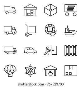 Thin line icon set : truck, warehouse, box, delivery, cargo stoller, sea shipping, car, courier, pallet, parachute, handwheel, package