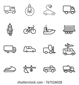 Thin line icon set : truck, rocket, electric car, delivery, spark plug, bike, sea shipping, fork loader, transfer, jet ski, plow, pickup, sweeper