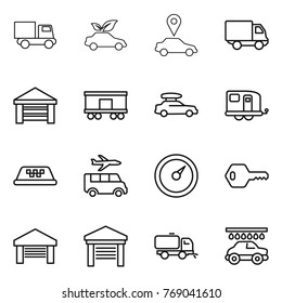 Thin line icon set : truck, eco car, pointer, delivery, garage, railroad shipping, baggage, trailer, taxi, transfer, barometer, key, sweeper, wash