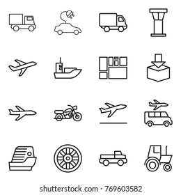 Thin Line Icon Set : Truck, Electric Car, Delivery, Airport Tower, Plane, Sea Shipping, Consolidated Cargo, Package, Motorcycle, Departure, Transfer, Cruise Ship, Wheel, Pickup, Tractor