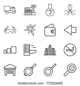 Thin line icon set : truck, cashbox, round flask, virus, smart glasses, bang, wallet, left arrow, sorting, hotel, no smoking, garage, pan, viruses
