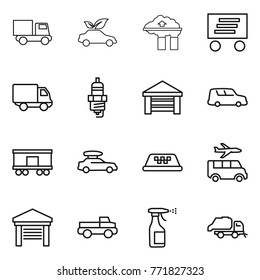 Thin line icon set : truck, eco car, factory filter, delivery, spark plug, garage, shipping, railroad, baggage, taxi, transfer, pickup, sprayer, trash