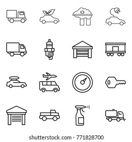 Thin line icon set : truck, eco car, factory filter, electric, delivery, spark plug, garage, railroad shipping, baggage, transfer, barometer, key, pickup, sprayer, sweeper