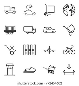 Thin line icon set : truck, electric car, cargo stoller, globe, shipping, trolley, do not sign, pallet, plane, bike, airport tower, jet ski, wheelbarrow, package