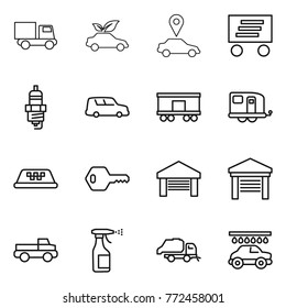 Thin line icon set : truck, eco car, pointer, delivery, spark plug, shipping, railroad, trailer, taxi, key, garage, pickup, sprayer, trash, wash