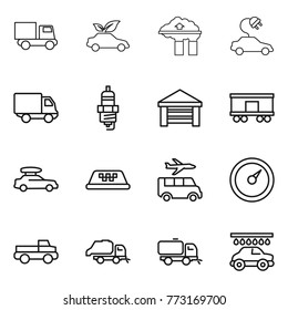 Thin line icon set : truck, eco car, factory filter, electric, delivery, spark plug, garage, railroad shipping, baggage, taxi, transfer, barometer, pickup, trash, sweeper, wash