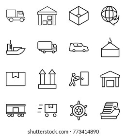 Thin line icon set : truck, warehouse, box, delivery, sea shipping, car, loading crane, package, cargo top sign, courier, railroad, fast deliver, handwheel, cruise ship