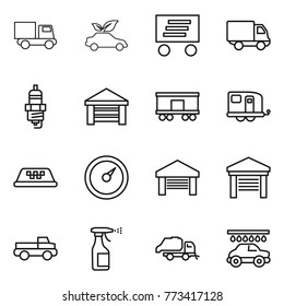 Thin line icon set : truck, eco car, delivery, spark plug, garage, railroad shipping, trailer, taxi, barometer, pickup, sprayer, trash, wash