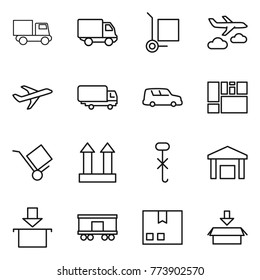 Thin line icon set : truck, delivery, cargo stoller, journey, plane, shipping, car, consolidated, trolley, top sign, do not hook, warehouse, package, railroad