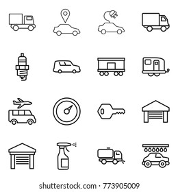 Thin line icon set : truck, car pointer, electric, delivery, spark plug, shipping, railroad, trailer, transfer, barometer, key, garage, sprayer, sweeper, wash