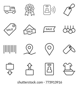 Thin line icon set : truck, medal, pass card, label, sale, bar code, geo pin, baggage get, identity, handle washing