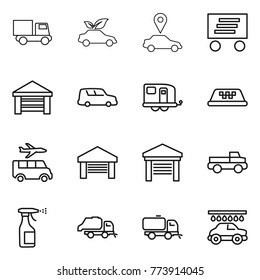 Thin line icon set : truck, eco car, pointer, delivery, garage, shipping, trailer, taxi, transfer, pickup, sprayer, trash, sweeper, wash