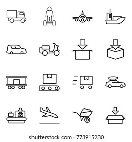 Thin line icon set : truck, hoverboard, plane, sea shipping, car, scooter, package, railroad, transporter tape, fast deliver, baggage, checking, arrival, wheelbarrow