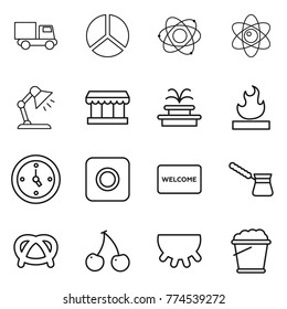 Thin line icon set : truck, diagram, atom, table lamp, market, fountain, flammable, watch, ring button, welcome mat, turk, pretzel, cherry, udder, foam bucket