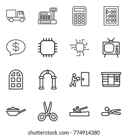 Thin line icon set : truck, cashbox, calculator, abacus, money message, chip, tv, arch window, courier delivery, wardrobe, pan, scissors, soil cutter