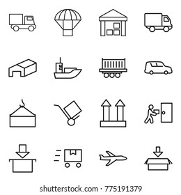 Thin line icon set : truck, parachute, warehouse, delivery, sea shipping, car, loading crane, trolley, cargo top sign, courier, package, fast deliver, plane