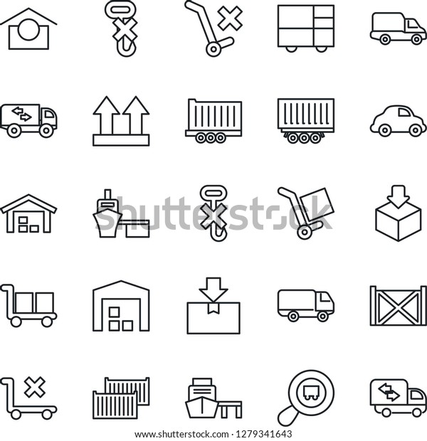 Thin Line Icon\
Set - truck trailer vector, cargo container, car delivery, sea\
port, consolidated, warehouse storage, up side sign, no trolley,\
hook, package, search,\
moving