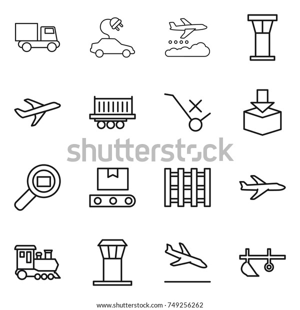 thin line\
icon set : truck, electric car, weather management, airport tower,\
plane, shipping, do not trolley sign, package, cargo search,\
transporter tape, pallet, train, arrival,\
plow