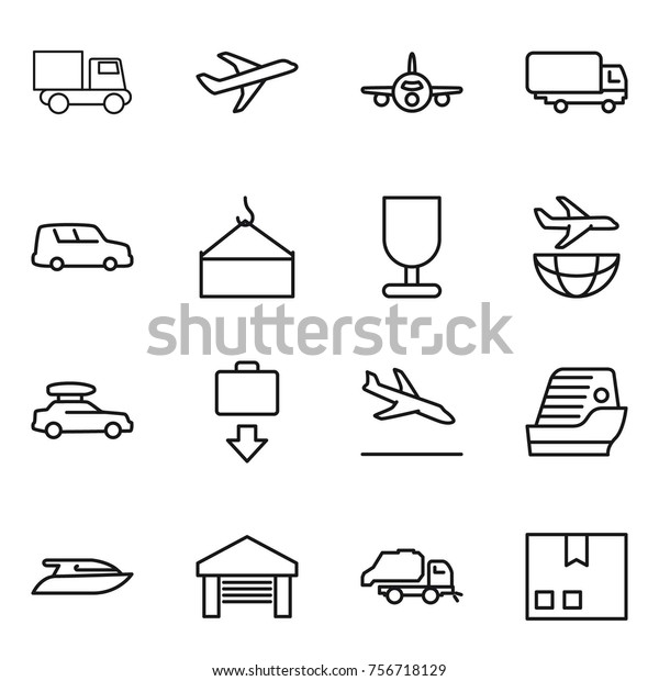 Thin line icon set : truck, plane, shipping, car,\
loading crane, fragile, baggage, get, arrival, cruise ship, yacht,\
garage, trash, package