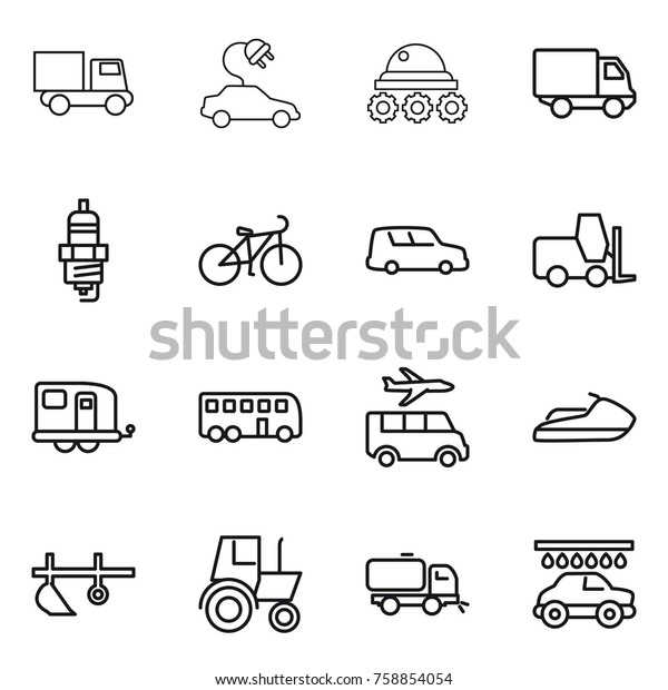 Thin line icon set : truck,\
electric car, lunar rover, delivery, spark plug, bike, shipping,\
fork loader, trailer, bus, transfer, jet ski, plow, tractor,\
sweeper, wash