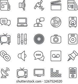 Thin Line Icon Set - tv vector, satellite antenna, clapboard, vinyl, camera, news, speaker, settings, equalizer, dialog, monitor, laptop pc, chain, paper pin, record, remote control