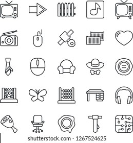 Thin Line Icon Set - tv vector, right arrow, office chair, abacus, mouse, desk, tie, stamp, fence, butterfly, satellite, cargo container, radio, headphones, heart, music, cushioned furniture, ham
